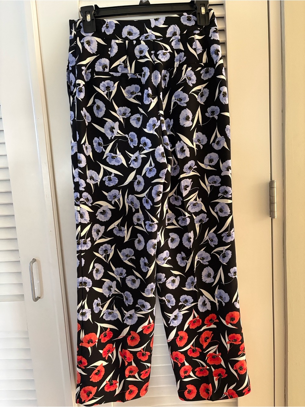Ann Taylor Black Wide-Leg Floral Pants with Blue and Red Flowers